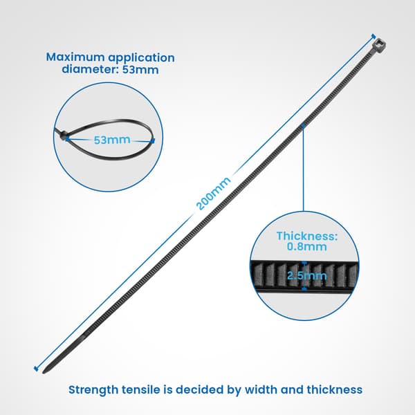 Professional Rilsan Nylon Cable Ties 200mm x 2.5mm Black High Temperature Resistant 300-pack