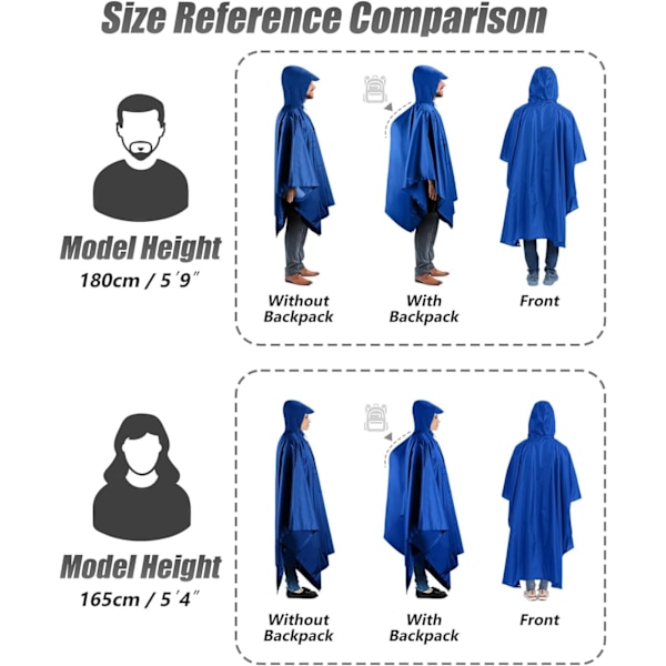 Vattentät poncho för vuxna, återanvändbar regnponcho för vuxna, vattentät poncho, vattentät vuxen, lätt vattentät regnrock för utomhusvandring camping C Sky Blue L