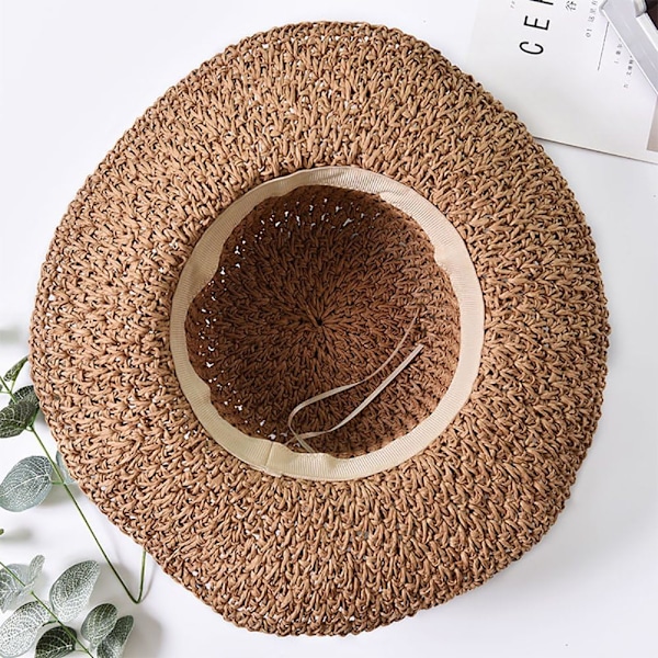 Solhatt i halm för kvinnor, damer, hopfällbar, bredbrättad, med rosett, justerbar, strandhatt, elegant hinkhatt, UPF 50 UV-skydd, bekväm Beige One Size