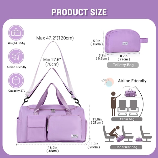 Sports- og træningstaske til kvinder og mænd med skorum, weekendrejsetaske, overnatningstaske til kvinder, sammenklappelig vandafvisende hospitalstaske Plum Purple (With Toiletry Bag)