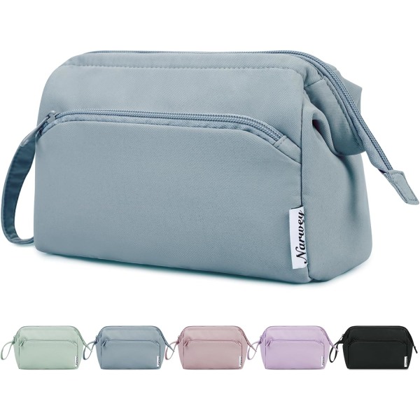 Large Makeup Bag Wide-Open Zipper Pouch Travel Toiletry Bag Cosmetic Organizer for Women (Greyish Blue)