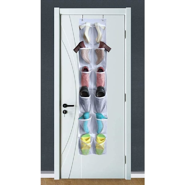 Over The Door Skoarrangør 12 Store Nettlommer Henger Smal Garderobedør, Hvit White