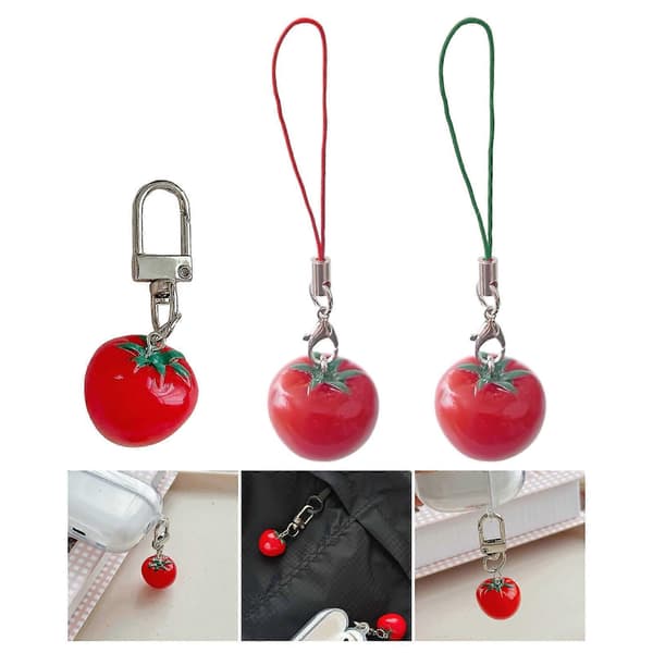 Stilfuld nøglering vedhæng med tomatform og søde pigebilleder samt bladaccent til trendy kvinder, damegaver red string tomatoes