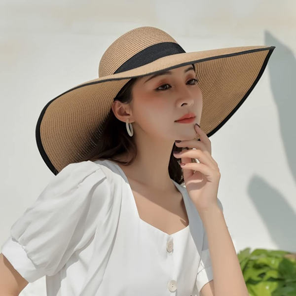 Dam Vikbar Floppy Bred Brätte Halm Solhatt Sommar Strandhatt UV UPF 50+ 03Style Coffee