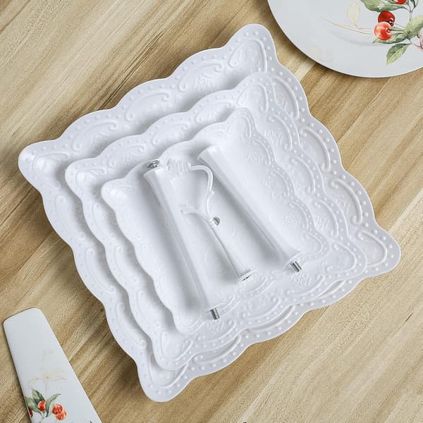 3-Tier Cake Display Stand, White Afternoon Tea Stand, Reusable Plastic Square Cupcake Fruit Dessert Party Serving Platter Stand