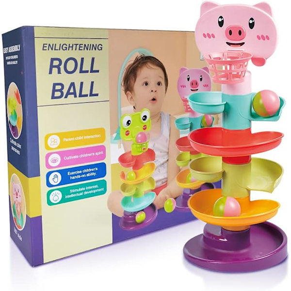 Baby Leksak 9-18 Månader, Bollkast och Rullramp Leksak för 1 Årig Pojke Flicka, Sinnesleksak för Bebisar 12 Månader, Baby Bolltorn Rulla Bollspel, 1:a B