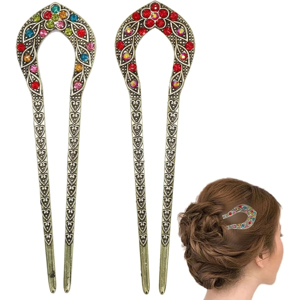 2 st Vintage Hair Stick, Crystal Rhinestone Double Prong Hair Pin Stick Frisyr Chignon Hårnål Multicolor 2 Count (Pack of 1)