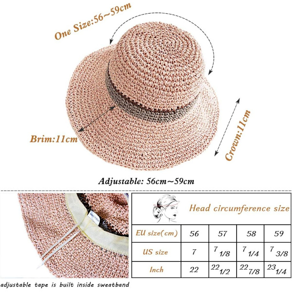 Solhatt Floppy Halmhatt Bred Brätte Fällbar UV-skydd Hink Sommar Strandhatt för Flickor Kvinnor Pink One Size