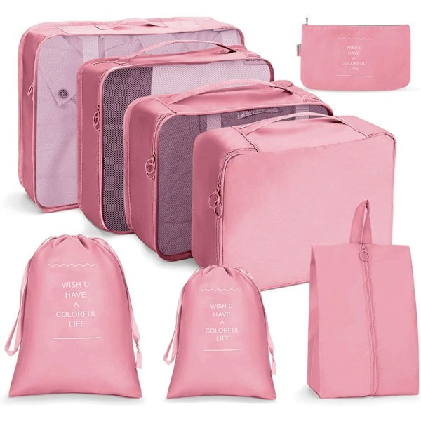 Foldbare vandtætte pakkekuber, 8 stk. rejsearrangør pakkeposer rejsebagage pakkearrangører med skotaske til tøjkuffert sko Pink S