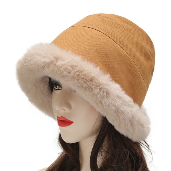 Kvinner Vinter Furry Bøtte Hat Rolled Rim Faux Fur Cloche Hat med fleecefôr,khaki