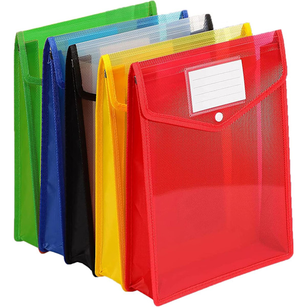 ts, 5 st popper plånbok plast dokumentmapp premium fickor filer kuvert för skola kontor hem, med snäpplås och kortspår vertical