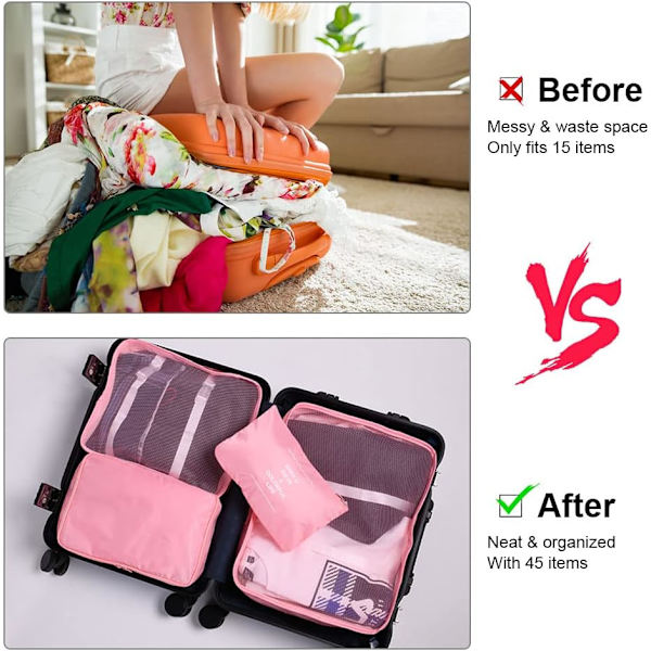 Hopfällbara vattentäta packningskuber, 8 st researrangör packpåsar resebagage packningsorganisatörer med skopåse för kläder resväska sko Pink S