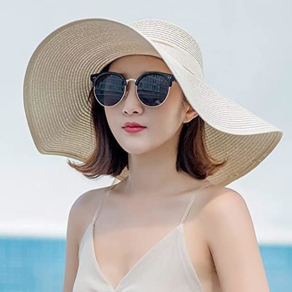 Kvinner Foldbar Floppy Bredbremmet Halm Solhatt Sommer Strandhatt UV UPF 50+ 02Style Bowknot Beige
