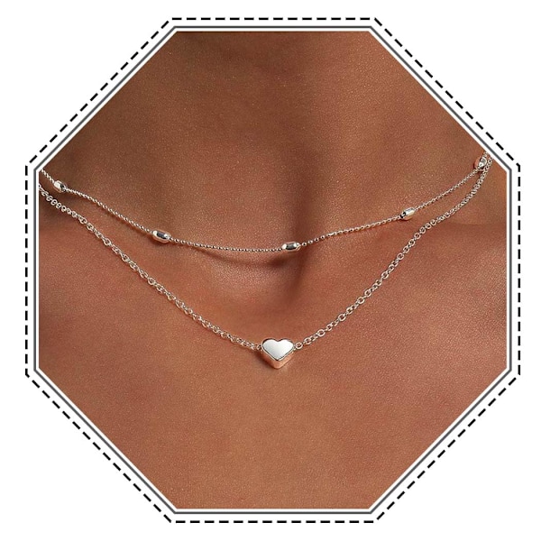 Boho Kerroksellinen Sydänkaulakoru Hopeinen Helmillinen Choker Kaulaketju Rakastaja Riipus Kaulakorut Rantakorut Naisille ja Tytöille (SET1)