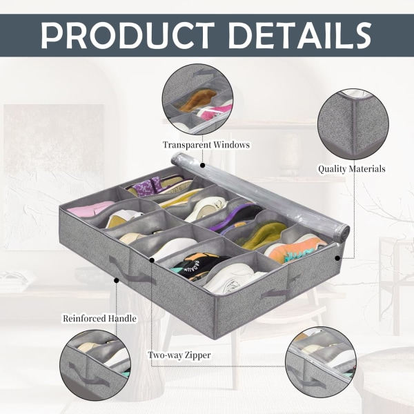 CE 2 st under-bed skoförvaring, hopfällbar under-bed skobox med transparent lock för totalt 24 par - under-bed förvaringslösning stil B Styleb2pcs