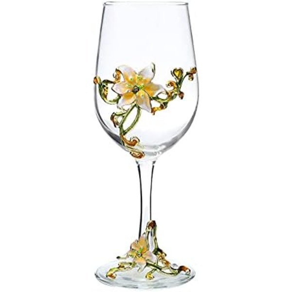 Håndmalede emaljerede blomster blyfri vinglas, 320 ml/10,8 OZ røde/hvide krystalvinglas (gul kop lilje) Yellow Cup Lily