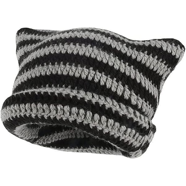 Dam Cat Beanie Stickade Hattar Med Öron Stickade Randiga Vinter Varma Slouchy Elastisk Mössa För Flickor Vuxna Barn Black, gray One size