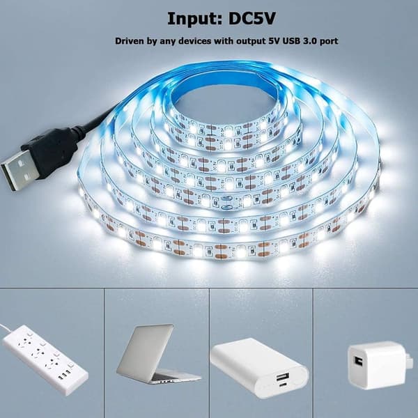5V USB LED Strip Cold White 6000K USB Powered 4M (2 pcs) Flexible SMD2835 High Brightness Non-Waterproof IP20 LED Tape Light