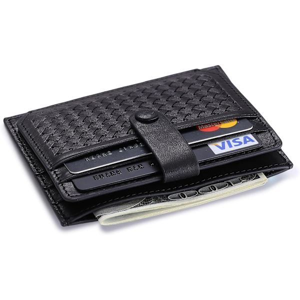 Korthållare i äkta läder, svart bifold plånbok, RFID NFC-blockering med myntficka med täckt knapp för män Black