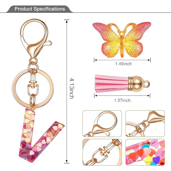 Nyckelringar i form av initialer för kvinnor, tofs, fjäril, rosa, lila, söt bilnyckelring för plånböcker, handväskor, ryggsäckar, A-Z Pink V