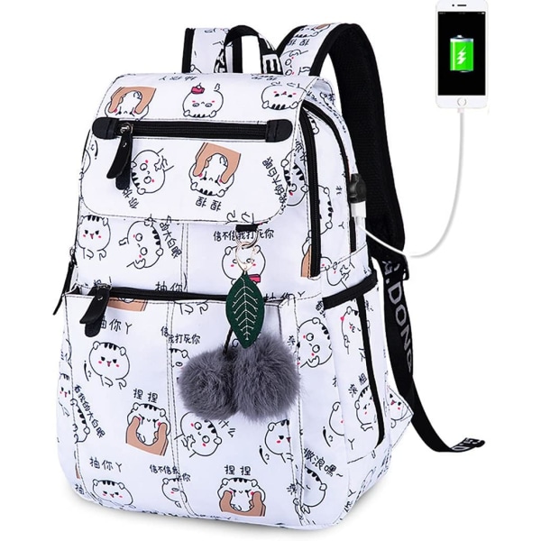 Teenagepigers rygsæk Middle School Students Bogtaske Outdoor Daypack Med USB-opladningsport 3# White 19 Liters