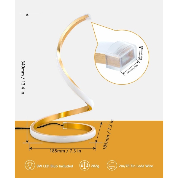 Moderni spiraalinen pöytälamppu (kulta), 3 värilämpötilan kaareva taidekoristeellinen sängynpäätylamppu makuuhuoneeseen, olohuoneeseen, toimistoon ja kotiin gold