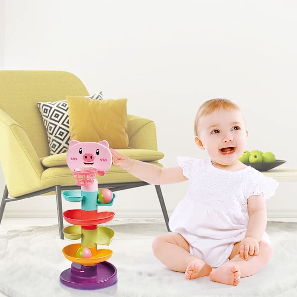 Baby Leksak 9-18 Månader, Bollkast och Rullramp Leksak för 1 Årig Pojke Flicka, Sinnesleksak för Bebisar 12 Månader, Baby Bolltorn Rulla Bollspel, 1:a B