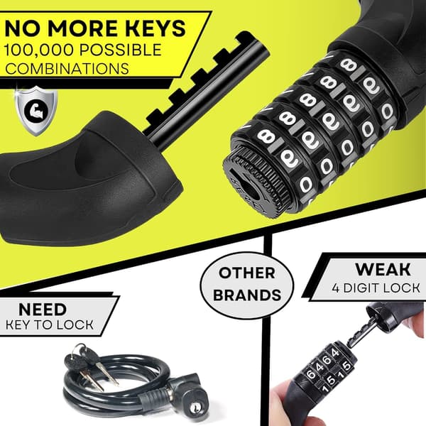 Heavy Duty Bicycle Lock - 5-Digit Combination Cable Lock - Waterproof Motorcycle Lock - Perfect for Bicycles (1-pack)