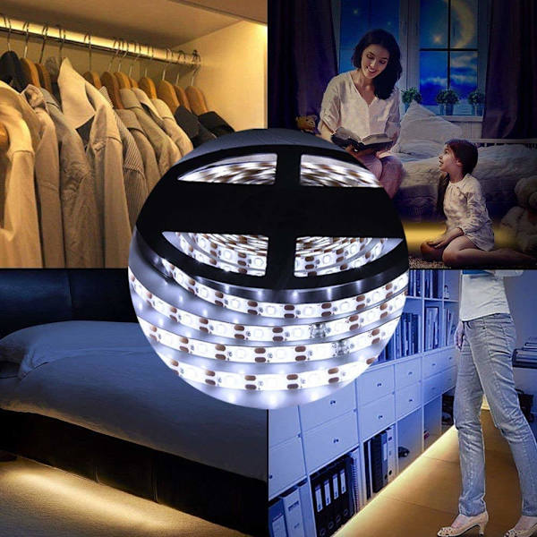 Sensor Garderobeskab Lys, 2M LED Strip Lys Natlys, 6000K Koldt Hvidt, Automatisk tænd/sluk, Batteridrevet