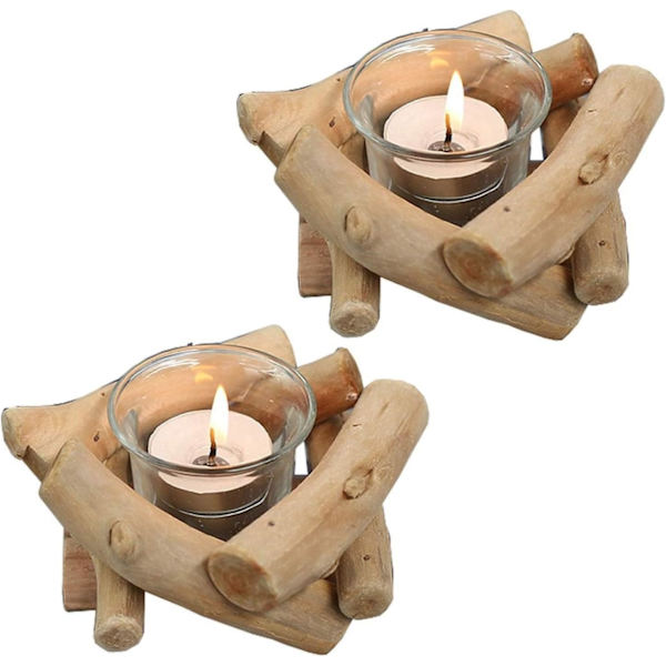 Rustik Trä Tealight Ljusstake Set om 2 med Glaskopp Flytved Votive Tealight Hållare för Bondgård Bröllop Centerpieces Vardagsrum C