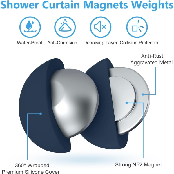 Rustfrie vægte, bruseforhængsmagneter, der aldrig ruster, silikoneindpakkede tunge, stærke magneter forhindrer bruseforhængsfor i at blæse gardinklipsannonce Dark Blue 3 Pairs (6pcs)