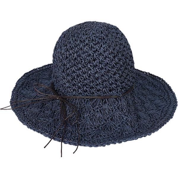 Solhatt i halm för kvinnor, damer, hopfällbar, bredbrättad, med rosett, justerbar, strandhatt, elegant hinkhatt, UPF 50 UV-skydd, bekväm Dark Blue One Size