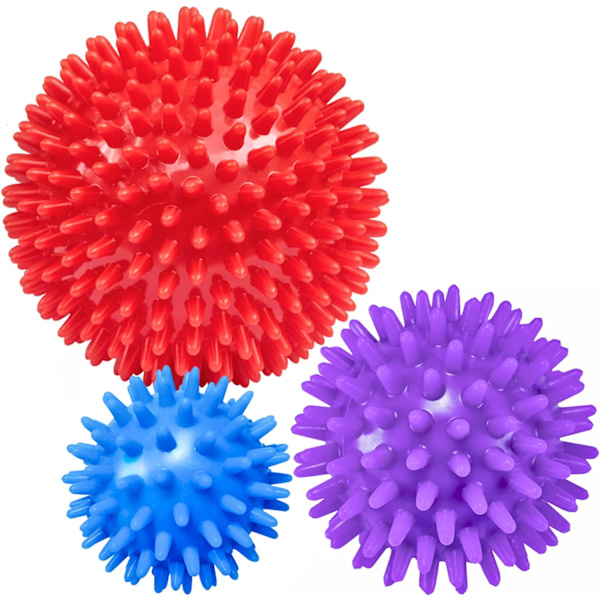 Spiky Massasjeballer (Sett med 3) - 6,5 cm, 7,5 cm, 9 cm - Plantar Fasciitt, Triggerpunkt, Dypvev, Myofascial Release, Stressball, Yoga Pilates Ex Red, Purple, Blue