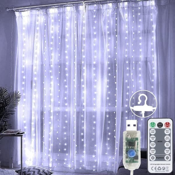 LED-gardinlys, 3m × 3m 300 USB-lyslenker 8 moduser med fjernkontroll for (kaldhvit)