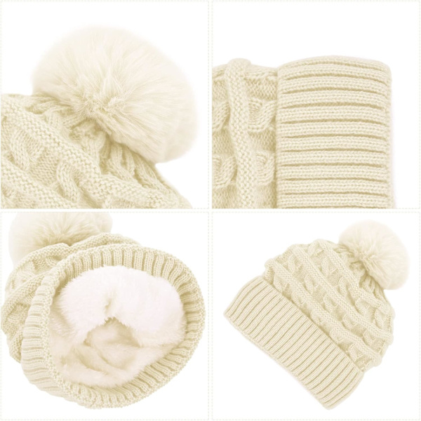 Hætte til kvinder vinter hætte hatte termisk fleeceforet hat damer strikkede uld hatte med kunstig pels pom pom White One size
