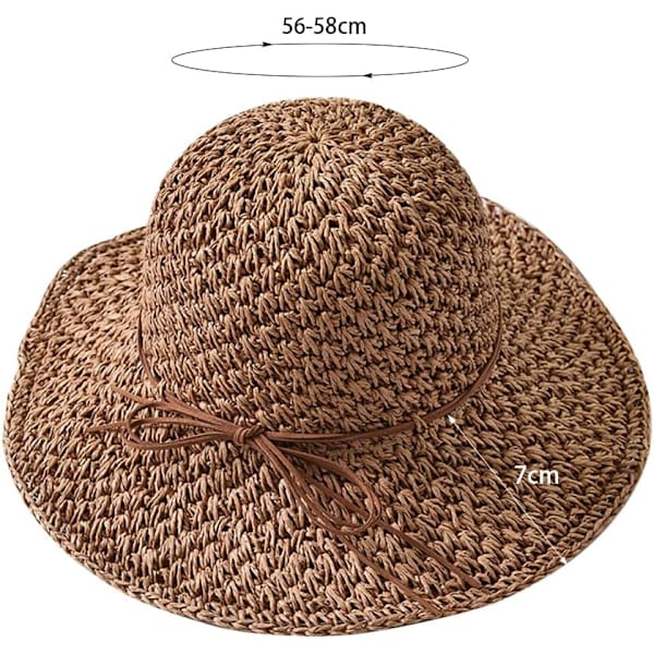 Solhatt i halm för kvinnor, damer, hopfällbar, bredbrättad, med rosett, justerbar, strandhatt, elegant hinkhatt, UPF 50 UV-skydd, bekväm Khaki One Size