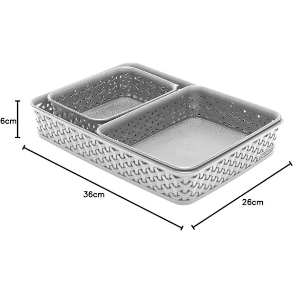 My Style Rattan Effect Setti 3 Toimistosuorakulmaista A4 A5 A6 Työpöydän Säilytyskori Lokerosetti - Vaaleanharmaa Grey A4/A5/A6 tray set