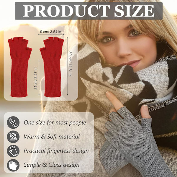 2 Par Vinters Fingerløse Handsker Lange Termiske Strikket Vanter Strækbare Strikket Armvarmere Halvfinger Handsker til Mænd Kvinder, 11 Tommer Light Gray, Red