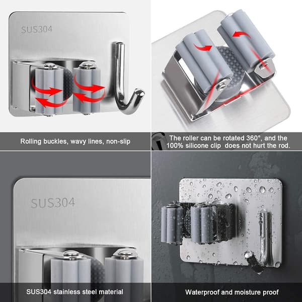 Broom Mop Holder, 2 Pack Wall Mounted Self Adhesive Stainless Steel Brush Handle Holder with Hook