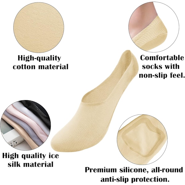 Usynlige Sokker til Kvinder - Åndbare Mesh Anti-Slip Usynlige Sokker Is Silke Lav Snit Liner Ankel Korte Sokker til Damer Træningssko Loafers Sneakers Bådsko 6Beige