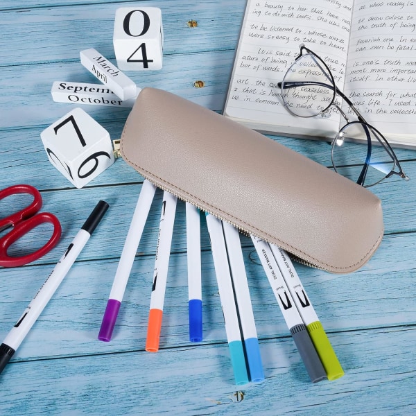 Lær Pennal Slim Design Pen Bag med Metallisk Glidelås Lommestørrelse for eller Student Kontor College Middle School (Khaki) Khaki