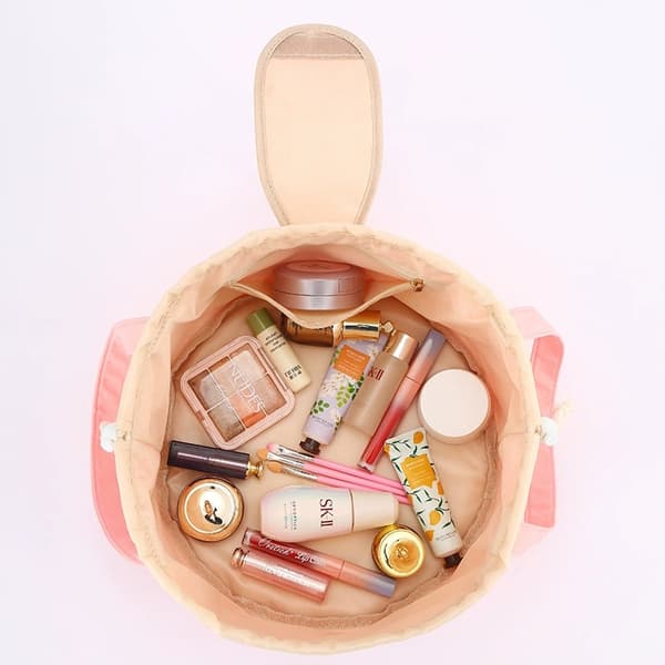 Drawstring Makeup Bag, Large Capacity Travel Cosmetic Bag, Portable Quick Pack Lazy Drawstring Make Up Bag (Pink)