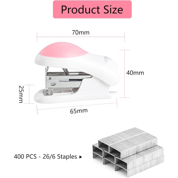 Mini Nemme Skrivebords Hæftemaskiner med 400 Standard 26/6 Hæfteklammer, 2-24 Ark Kapacitet, Inkluderer Indbygget Hæfteklammefjerner, Sød Hæftemaskine Gave til Stu Pink