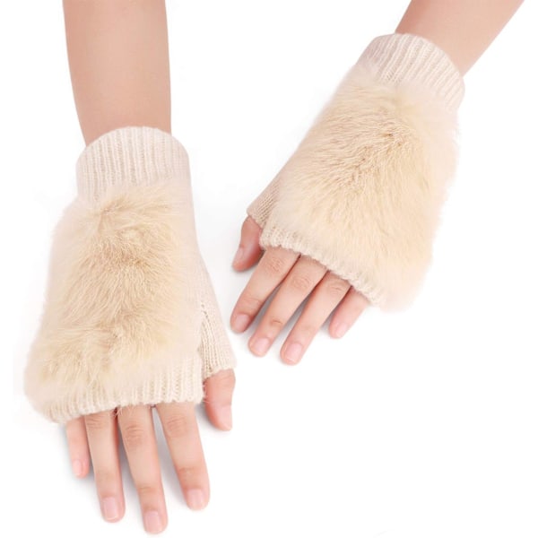 Vinterhandskar för flickor, söta tecknade djurklövar, halvfinger, tjocka & varma, mjuka plyschkorallfleece-snörehandskar Soild Beige