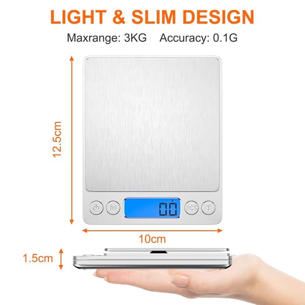 3 kg/0,1 g Kitchen Scale, Stainless Steel Electronic Digital Scale with LCD Display and Tare Function, Automatic Precision Scale