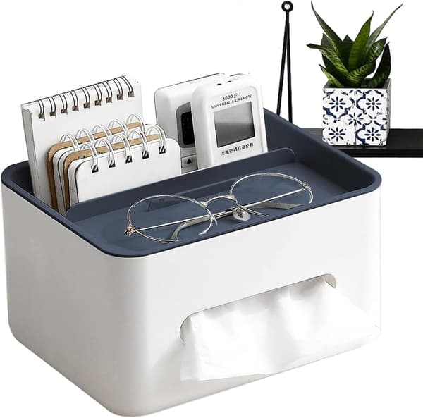 Plastic Tissue Box — Double-Tier with Multiple Compartments — 21 x 16 x 12.5 cm