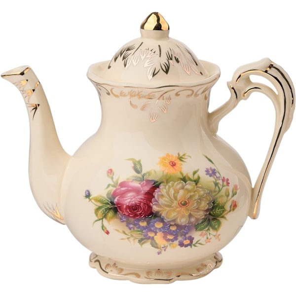 Blomster tekande, 800 ml 4 kop keramisk tekande, vintage blomster med guld blad kant, gave til kvinder Flower 4 Cup