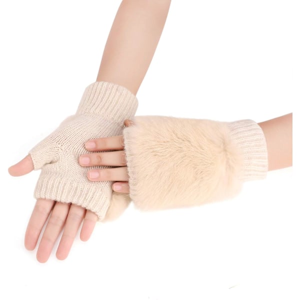 Vinterhandskar för flickor, söta tecknade djurklövar, halvfinger, tjocka & varma, mjuka plyschkorallfleece-snörehandskar Soild Beige