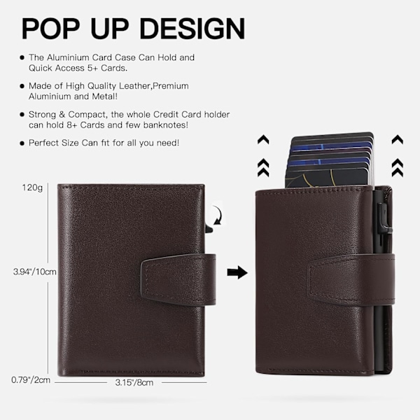 Kreditkortshållare RFID-blockerande minimalistisk trifold plånbok för män Automatisk popup-metallfodral med ID-fönster och blixtlåsförsedd myntficka Brown Plain