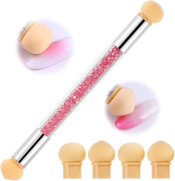 Nail Art Sponge Brush, Double-headed with 4 Replacement Heads, Sponge Gradient Manicure Tool Nail Accessories (Pink)